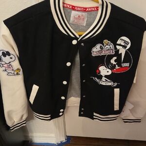 Justice Black and White Snoopy Peanuts Varsity Jacket